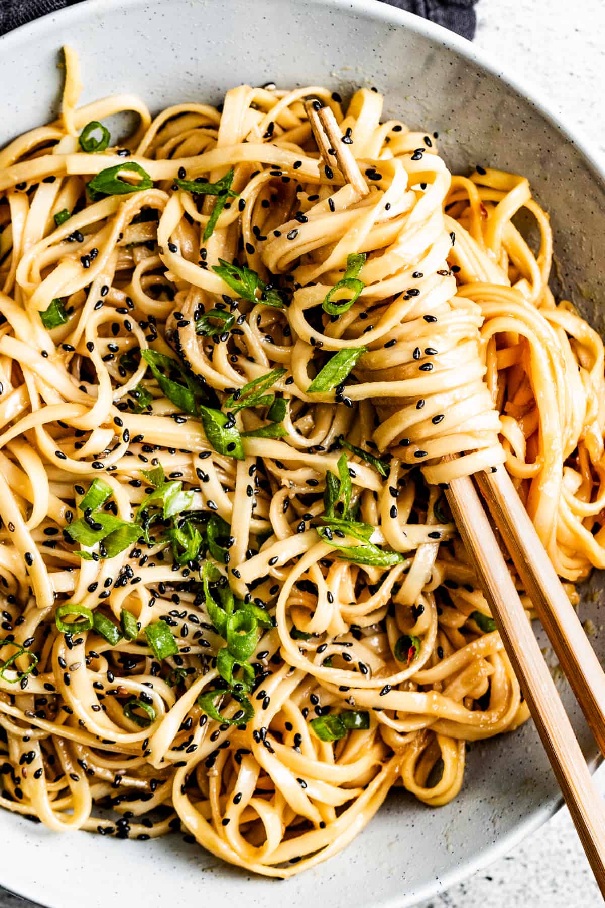 Teriyaki noodles in a bowl sprinkled with green onions and sesame seeds.