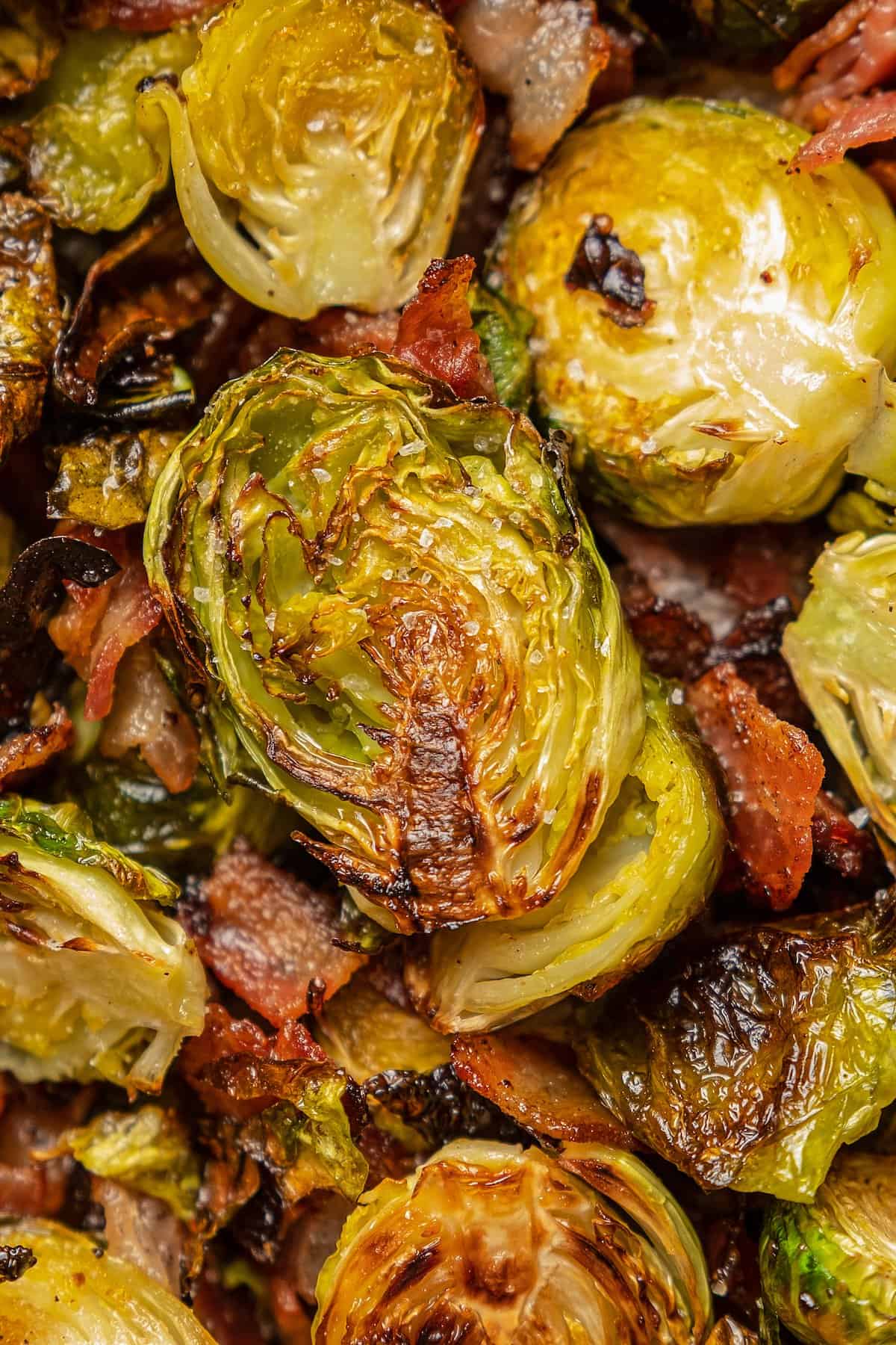 Closeup of Roasted Brussels sprouts and bacon.
