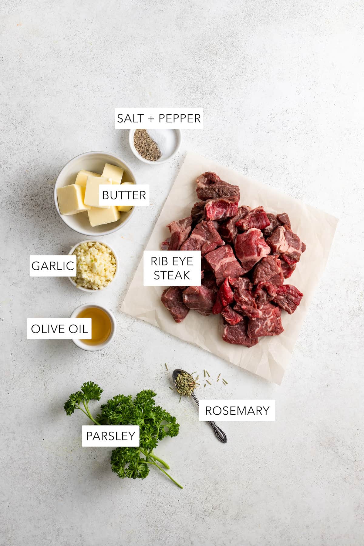 Ingredients for garlic butter steak bites.