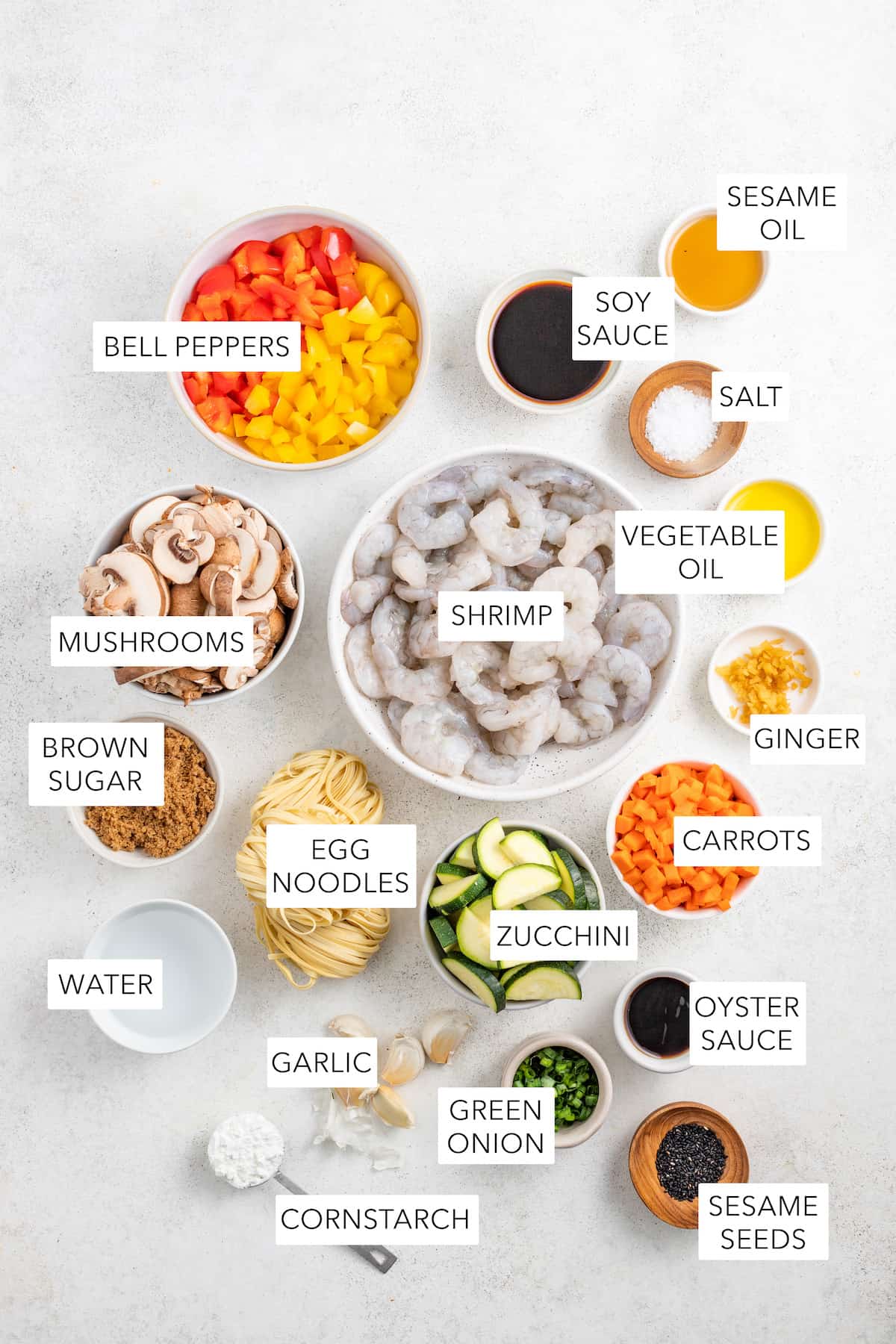 Ingredients for shrimp lo mein.