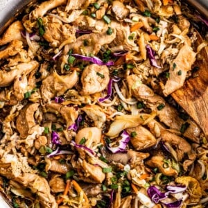 Finished moo shu chicken in a pan.