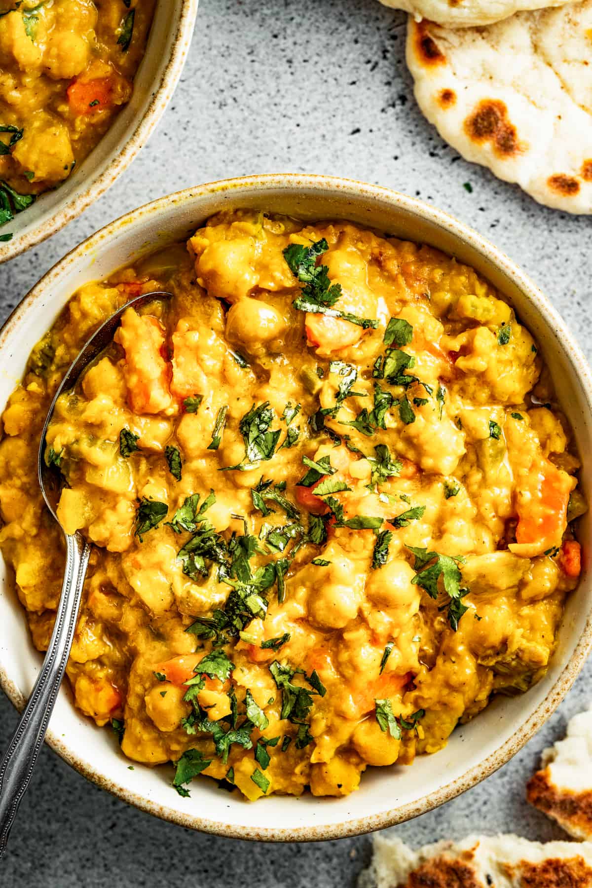 Mulligatawny stew in a bowl with a spoon and naan.