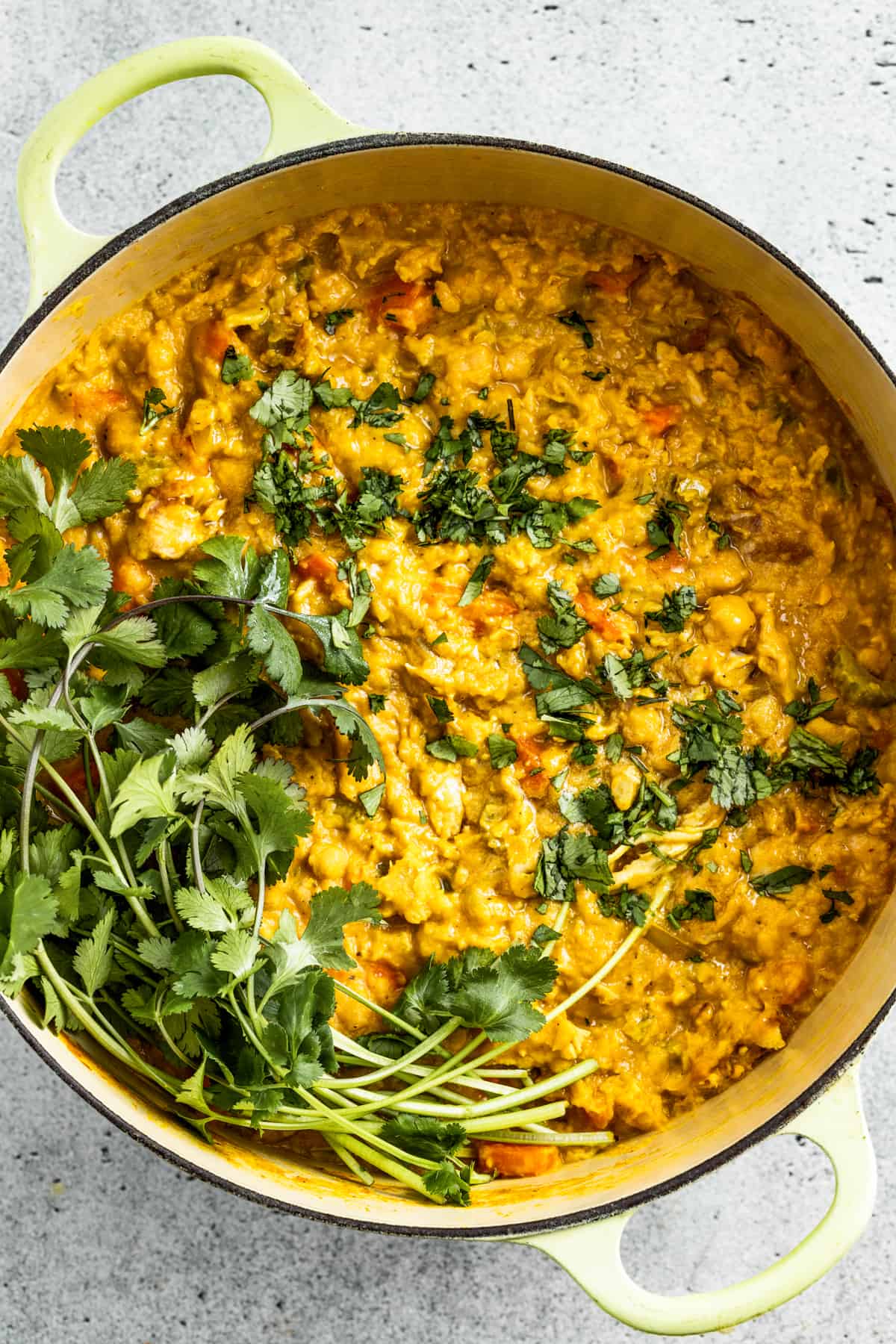 Overhead shot of Mulligatawny stew in a pot and garnished with fresh cilantro.