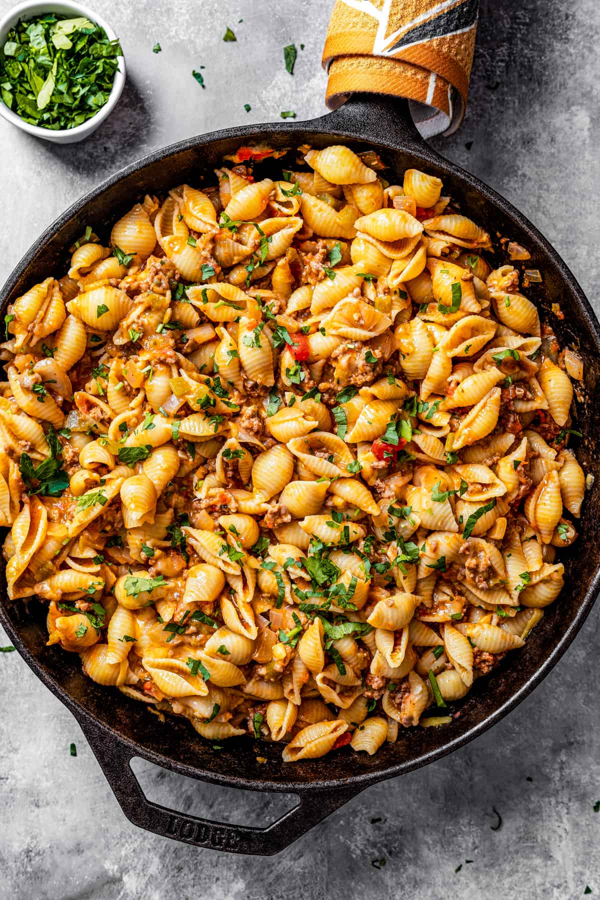 Overhead of taco pasta in a skillet.