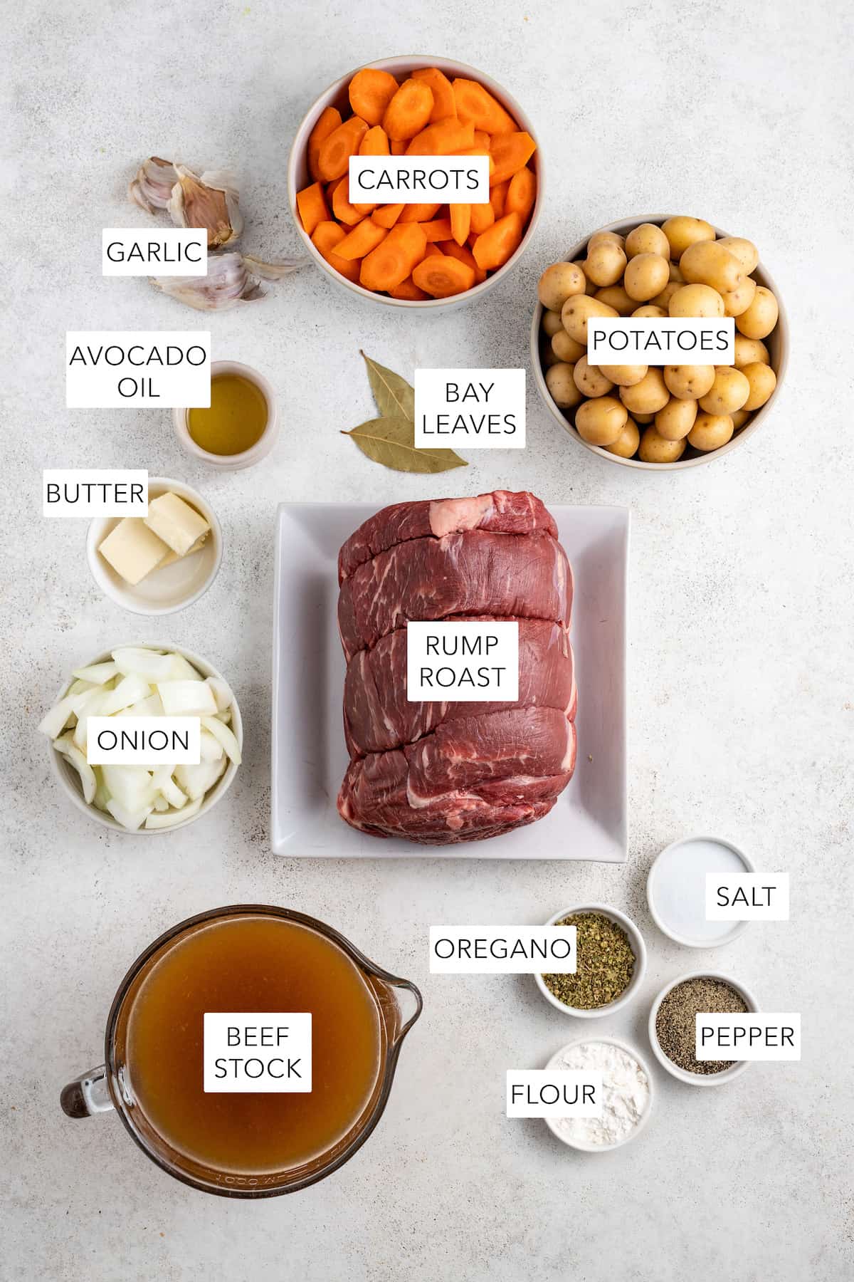 Ingredients for crock pot rump roast, labeled and separated.