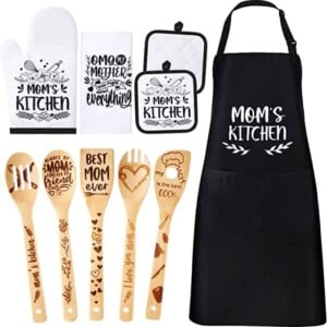 Apron, kitchen utensils and oven mitts.