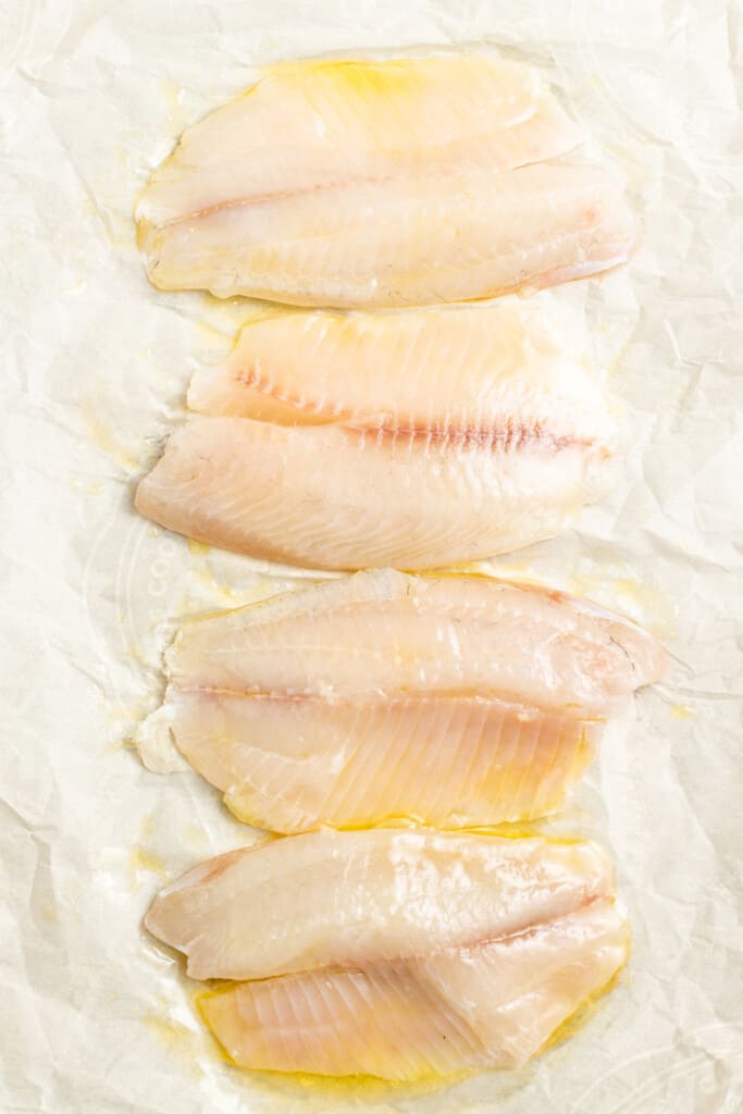 Coating tilapia with olive oil.