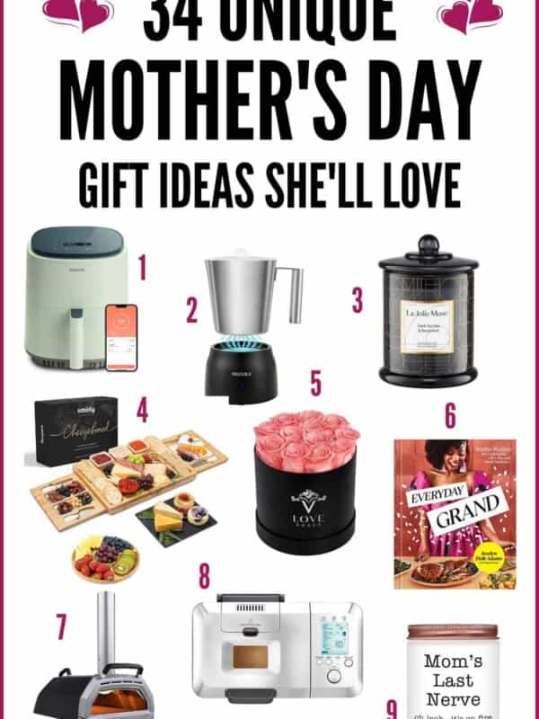 A collage of various gift ideas for mothers day.