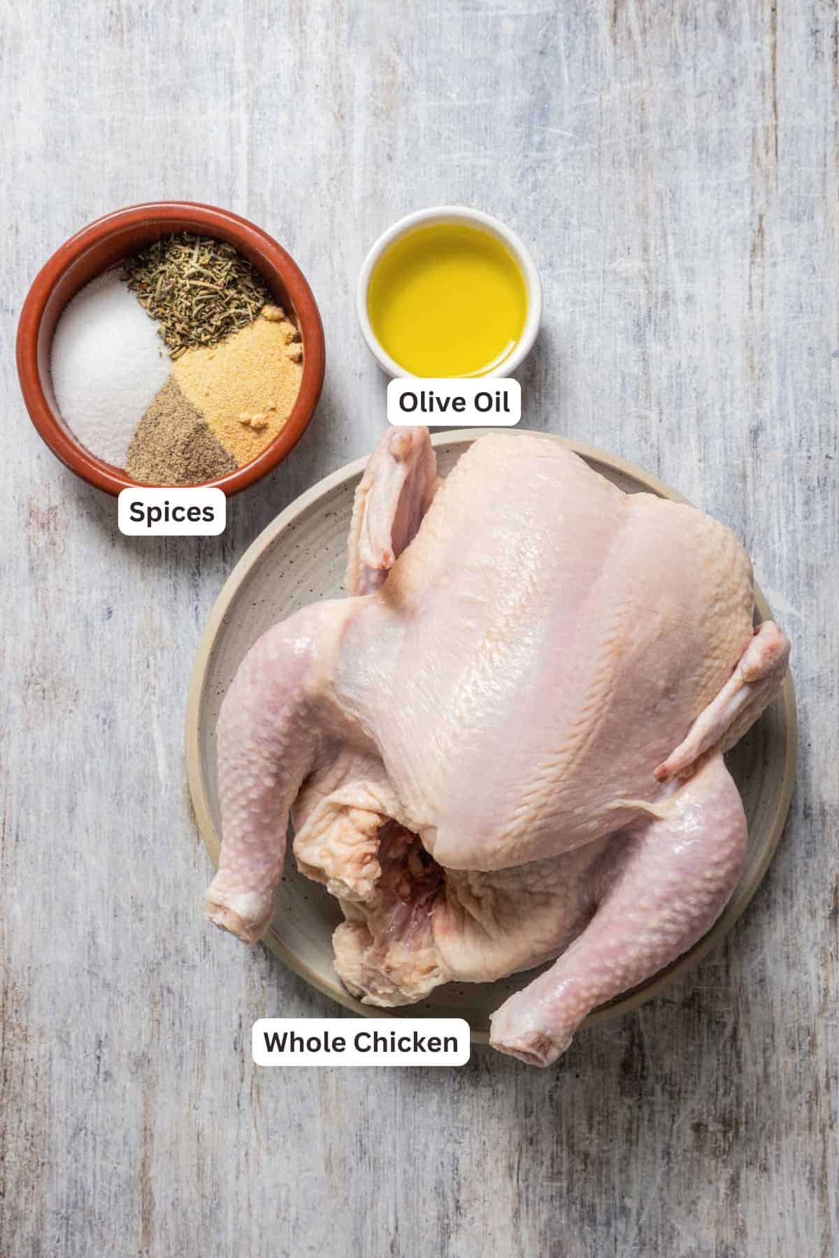 Ingredients for Air Fryer Rotisserie Chicken.