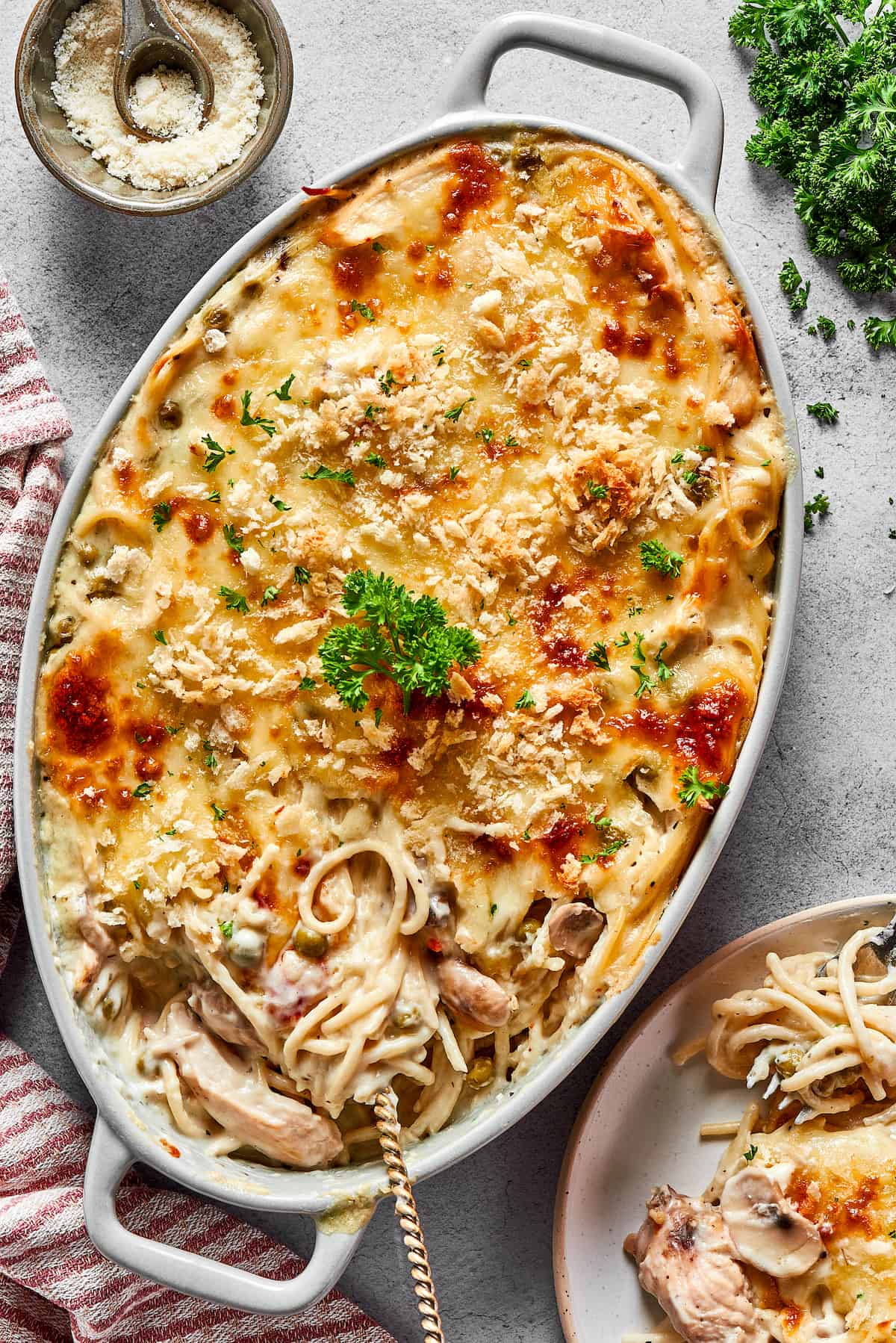 Overhead shot of a baking dish with chicken tetrazzini.