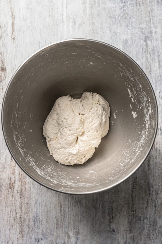 Pierogi dough in a stand mixer bowl