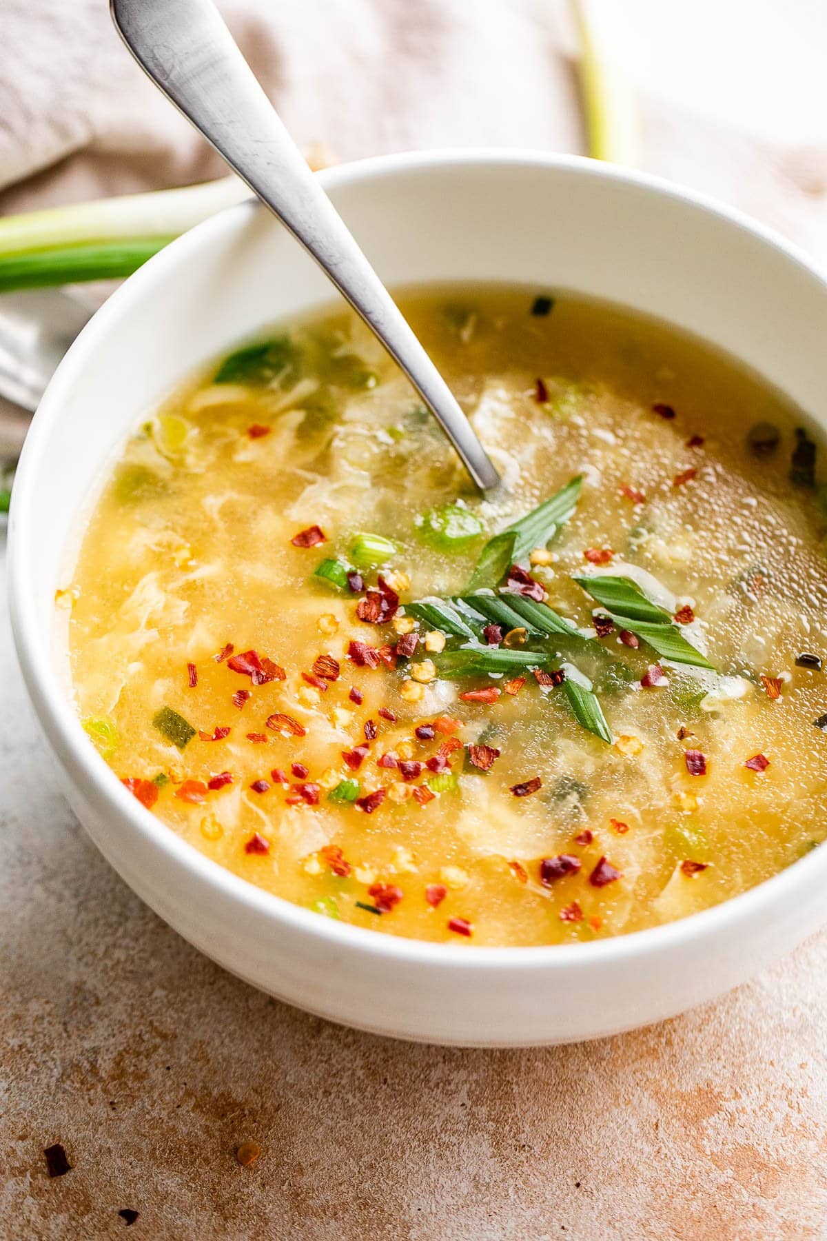 Egg drop soup served in a bowl.