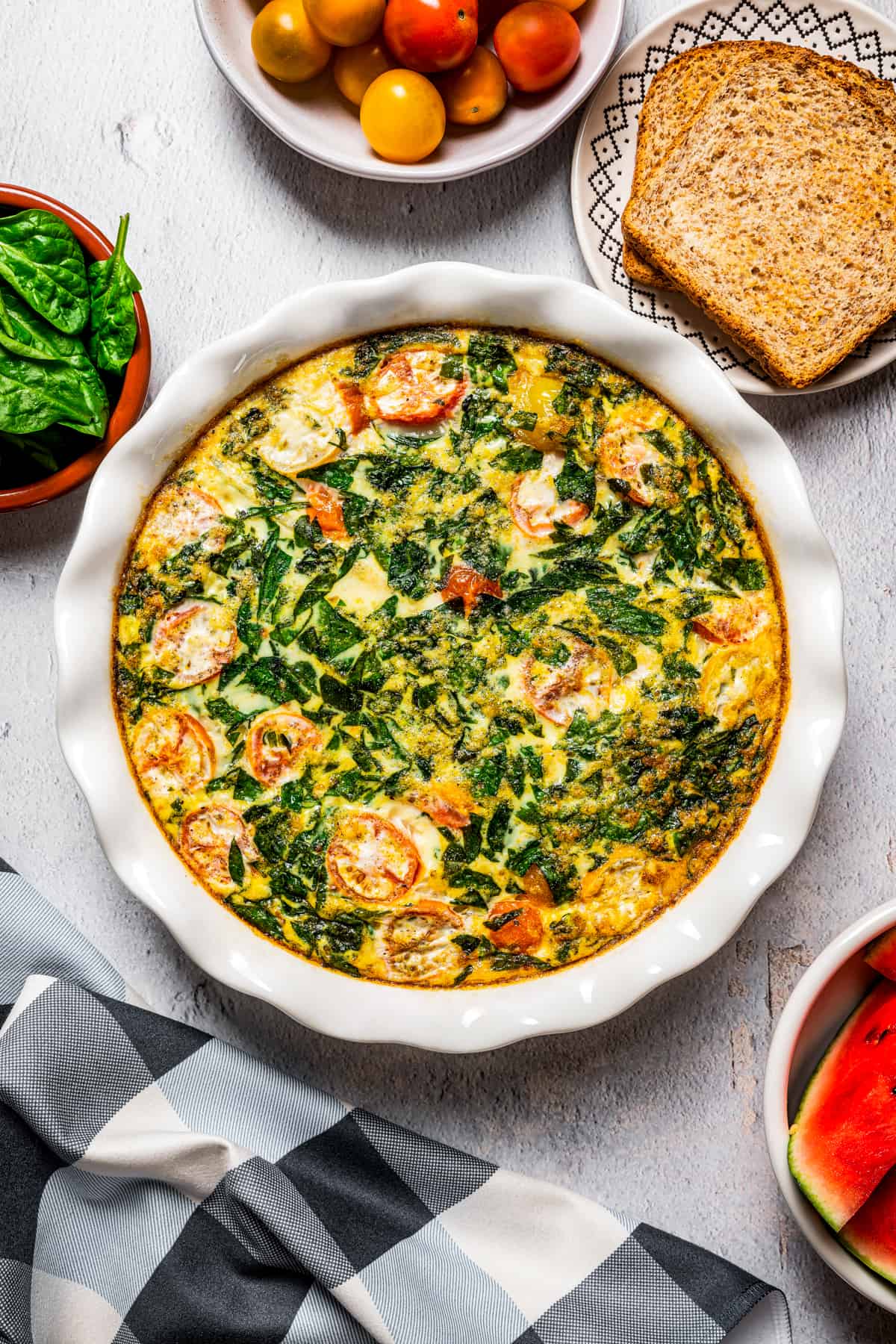 Overhead shot of egg white frittata fresh out of the oven.