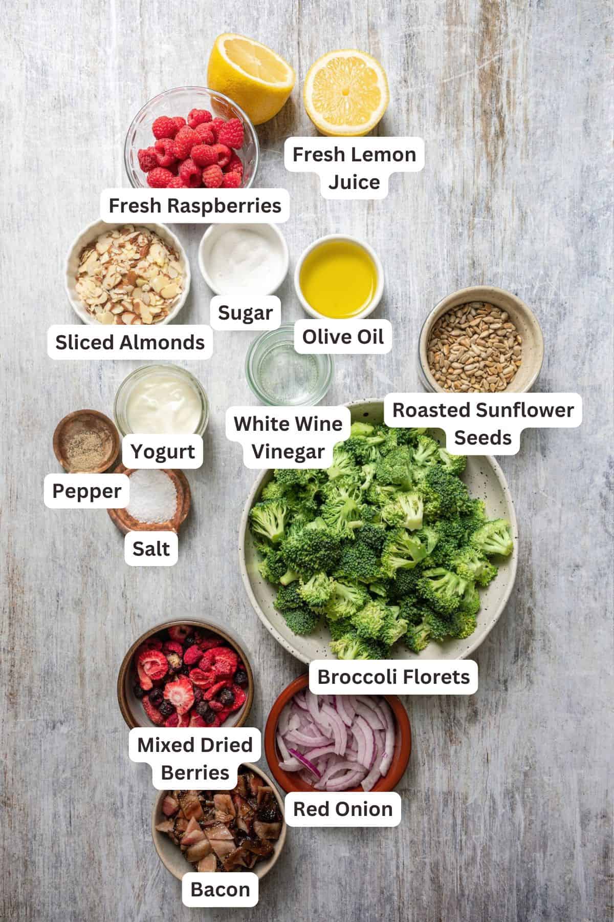 Ingredients for Broccoli Salad with Raspberry Vinaigrette.