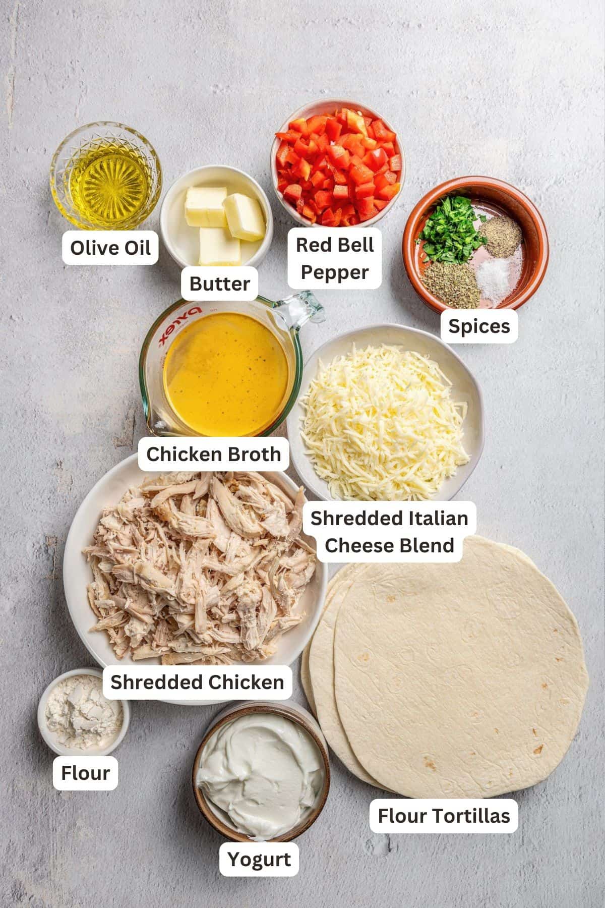 Ingredients for Mediterranean Chicken Enchilada Casserole.