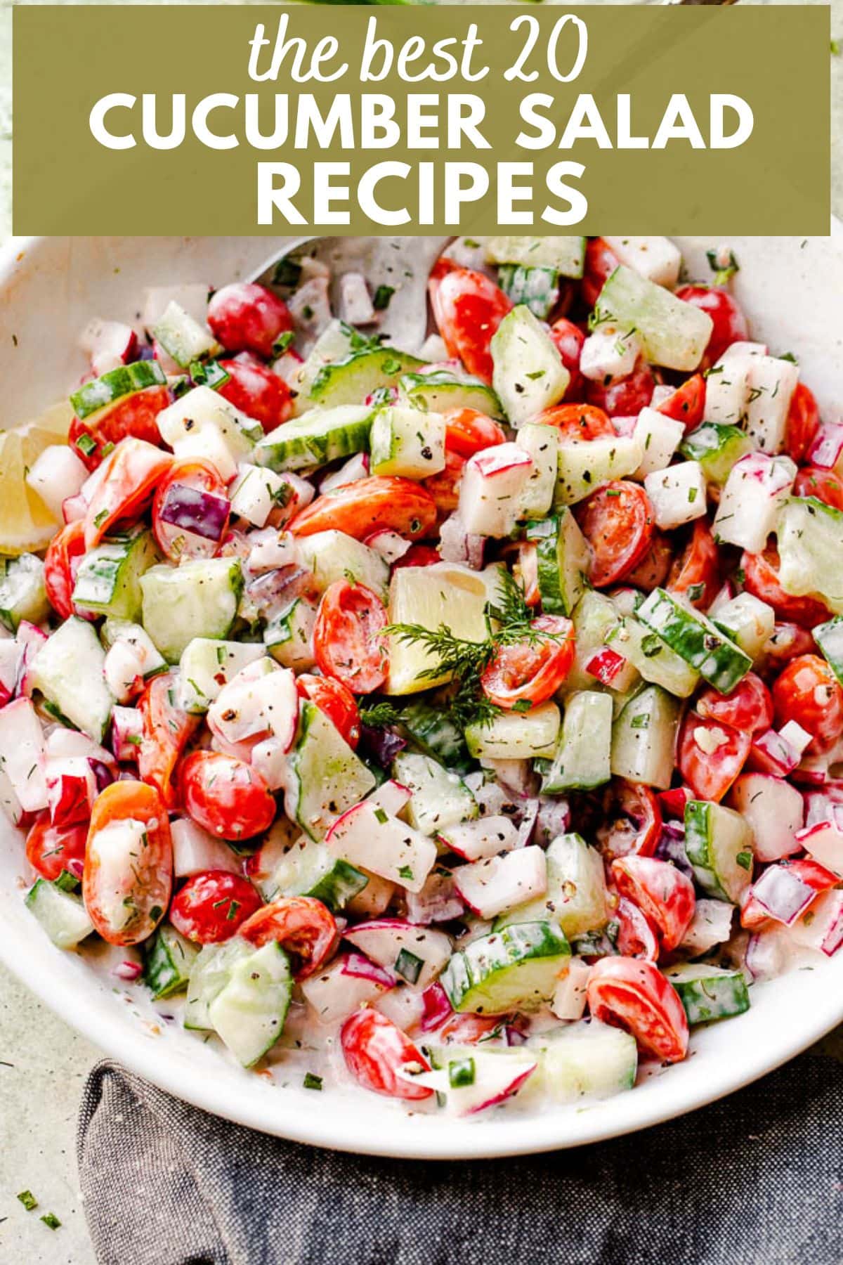 Photo of cucumber, radishes, and tomato salad, with text overlay.
