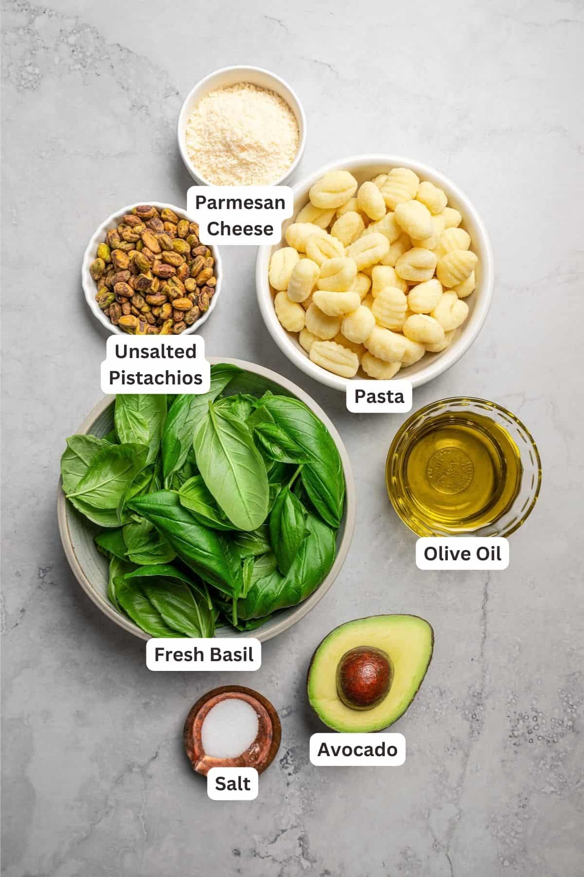 Ingredients for Avocado Pesto Pasta.