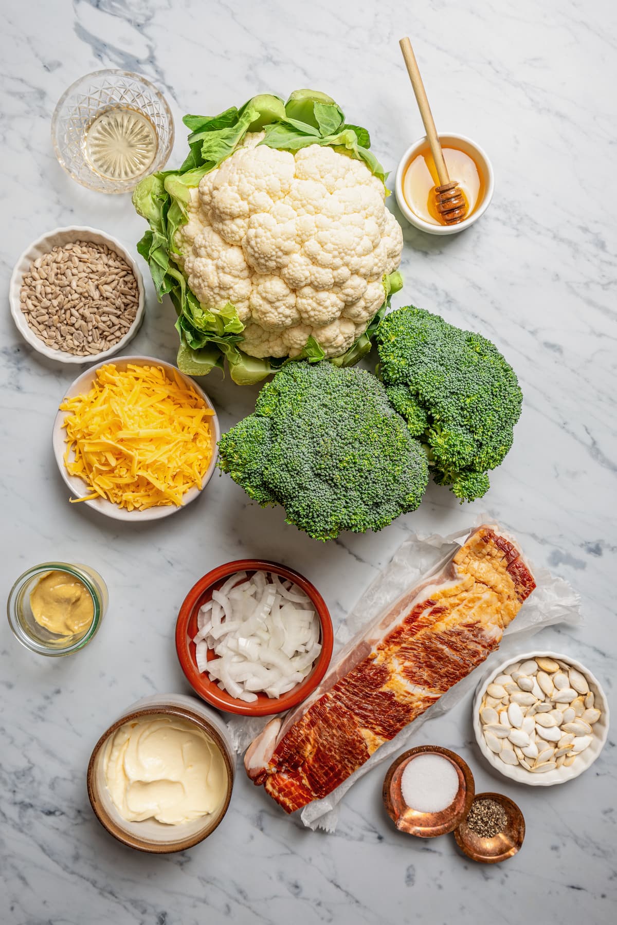 Ingredients for broccoli cauliflower salad.