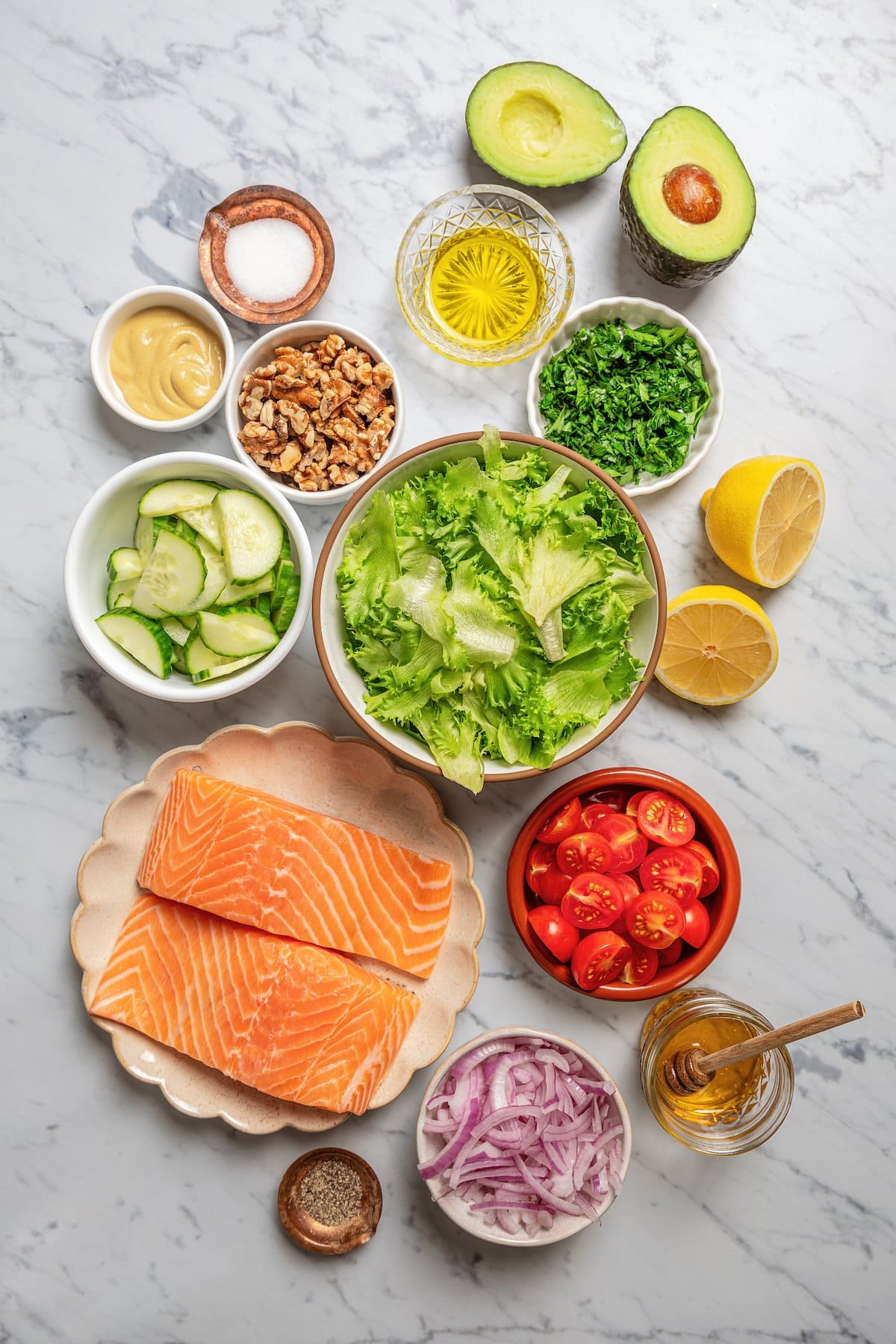 Ingredients for chopped salmon salad.