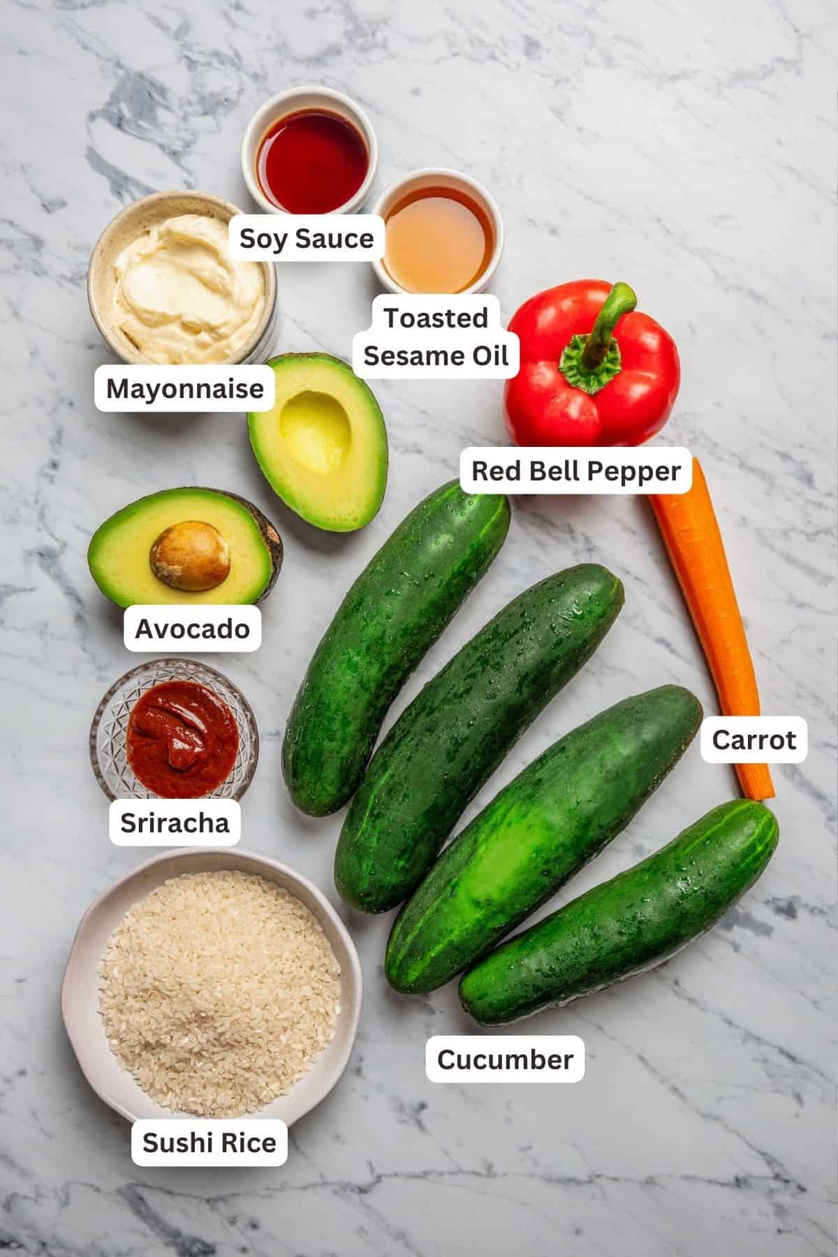 Ingredients for Cucumber Sushi Rolls.