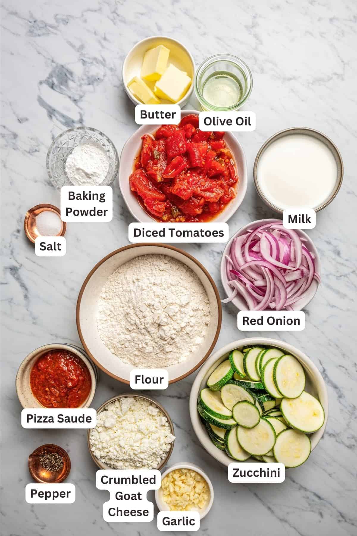 Ingredients for Zucchini Goat Cheese Pizza.