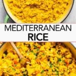 Mediterranean rice long Pinterest image with text overlay.