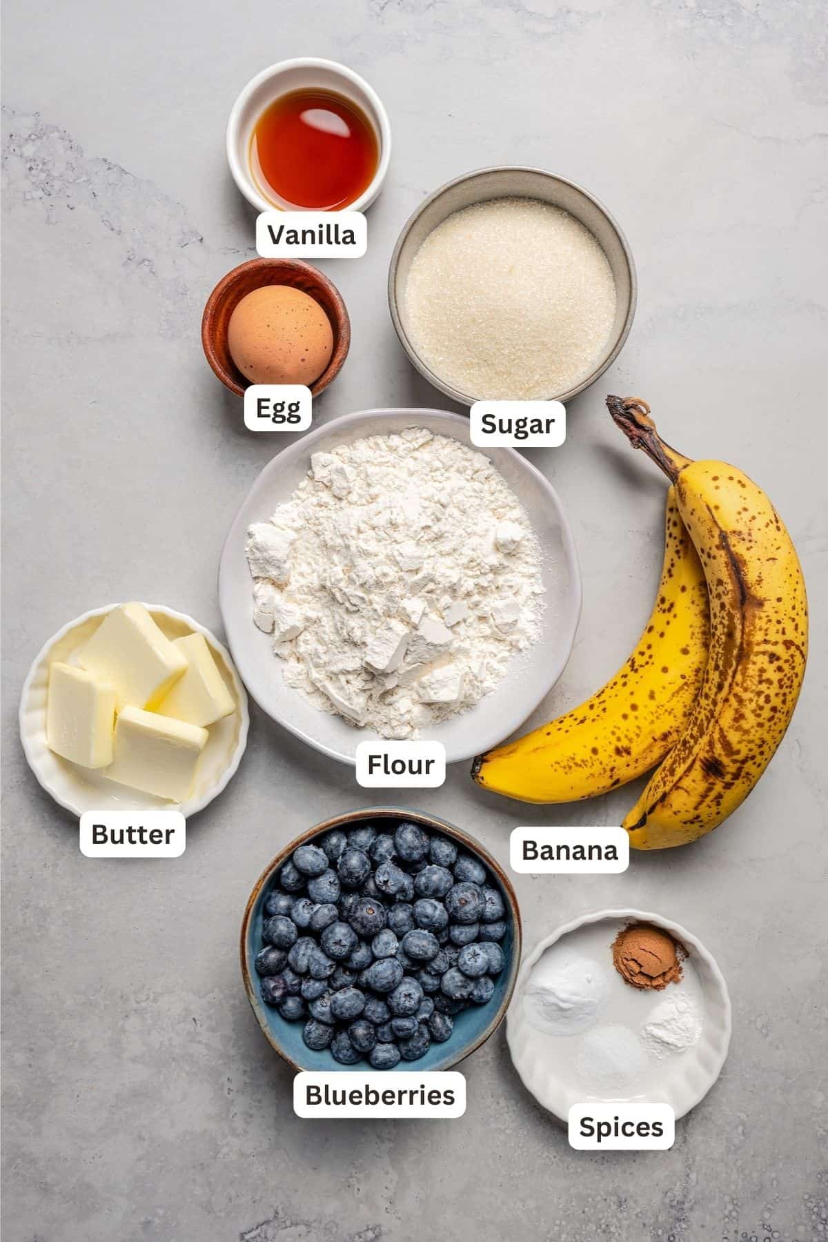Ingredients for Blueberry Banana Bread.