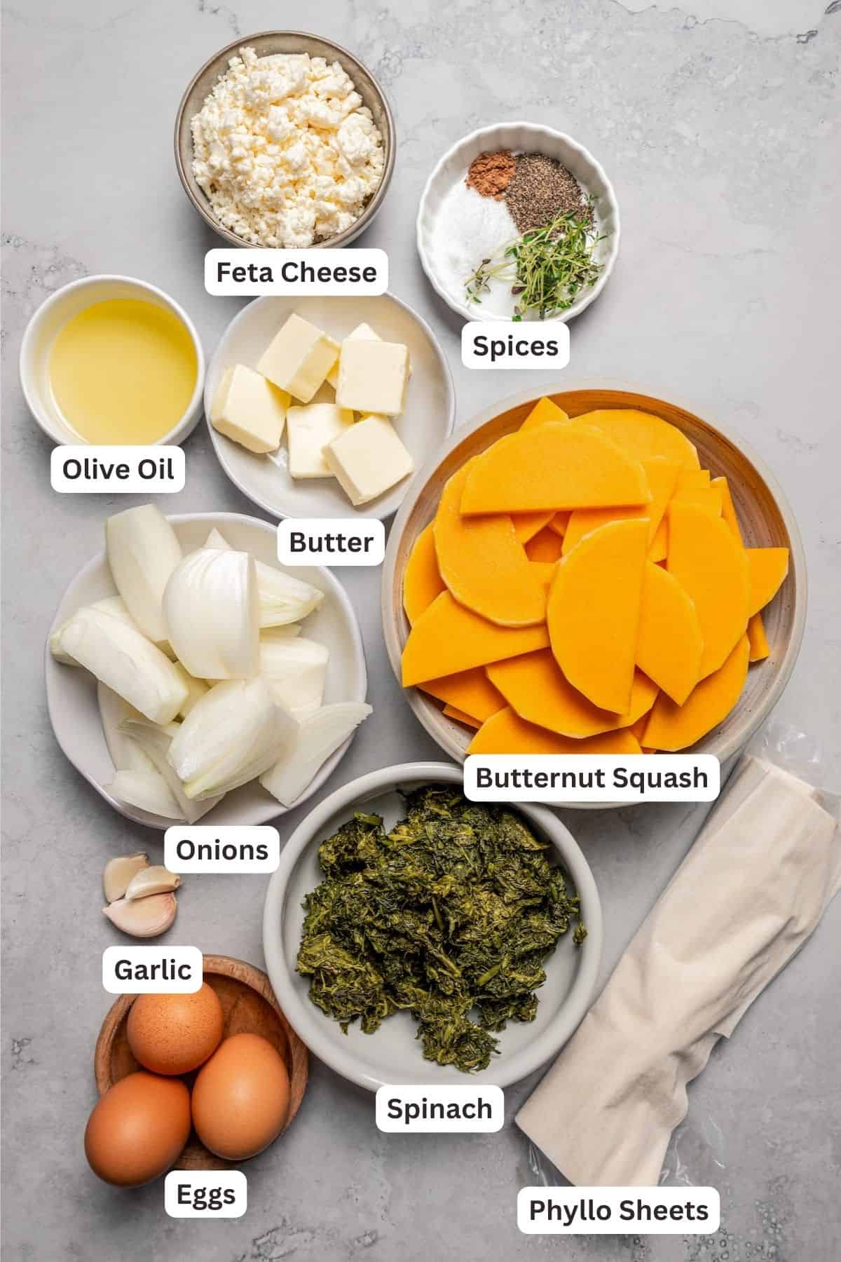 Ingredients for Butternut Squash and Spinach Pie.