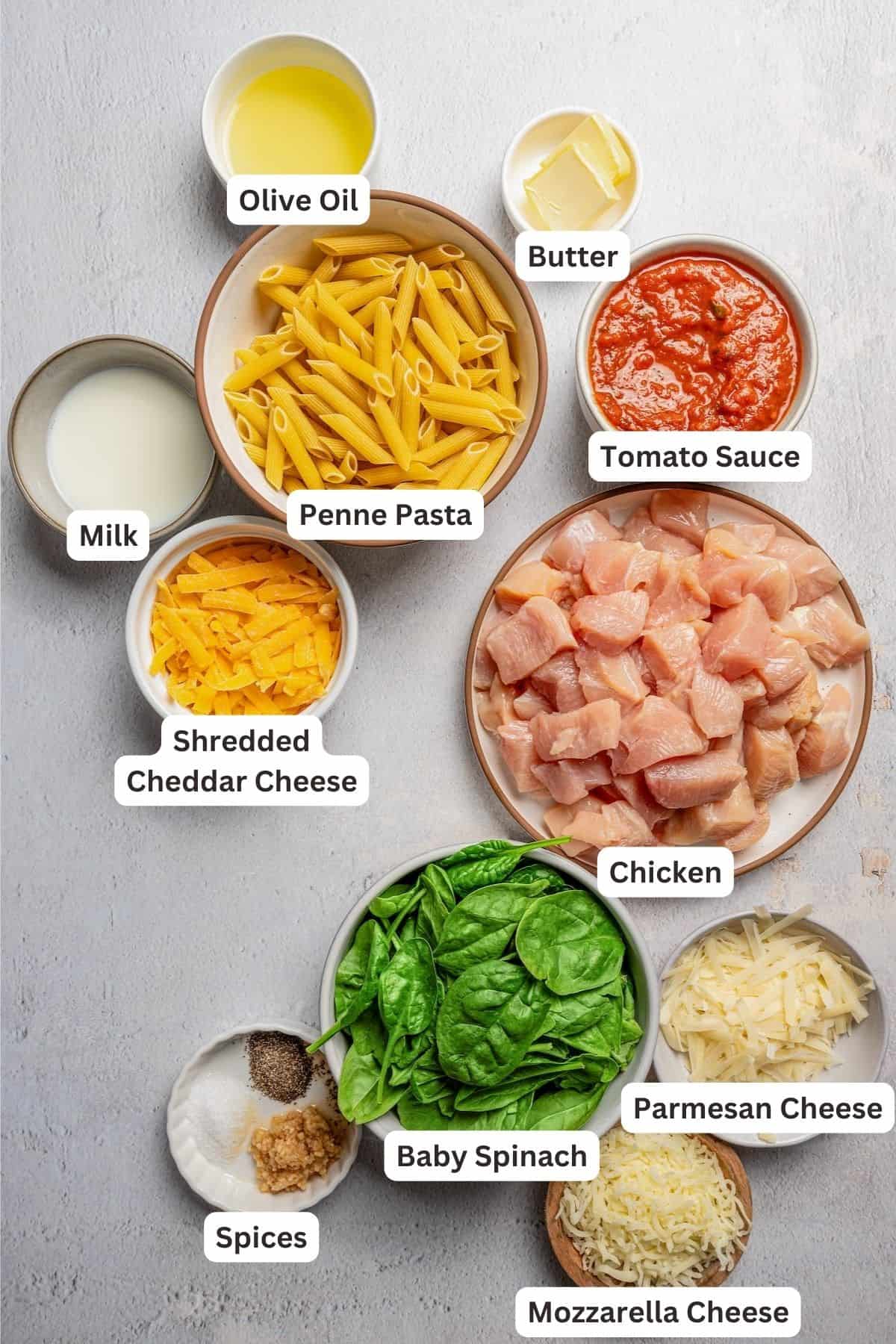 Ingredients for Chicken Pasta Bake.