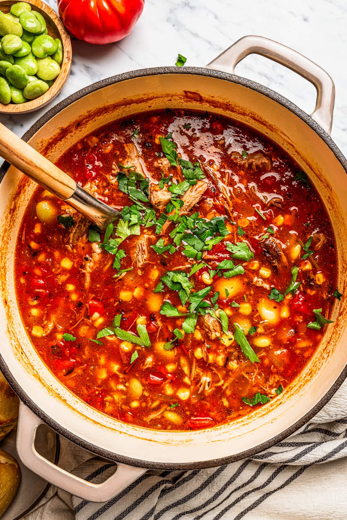 Overhead image of Brunswick stew in a pot.
