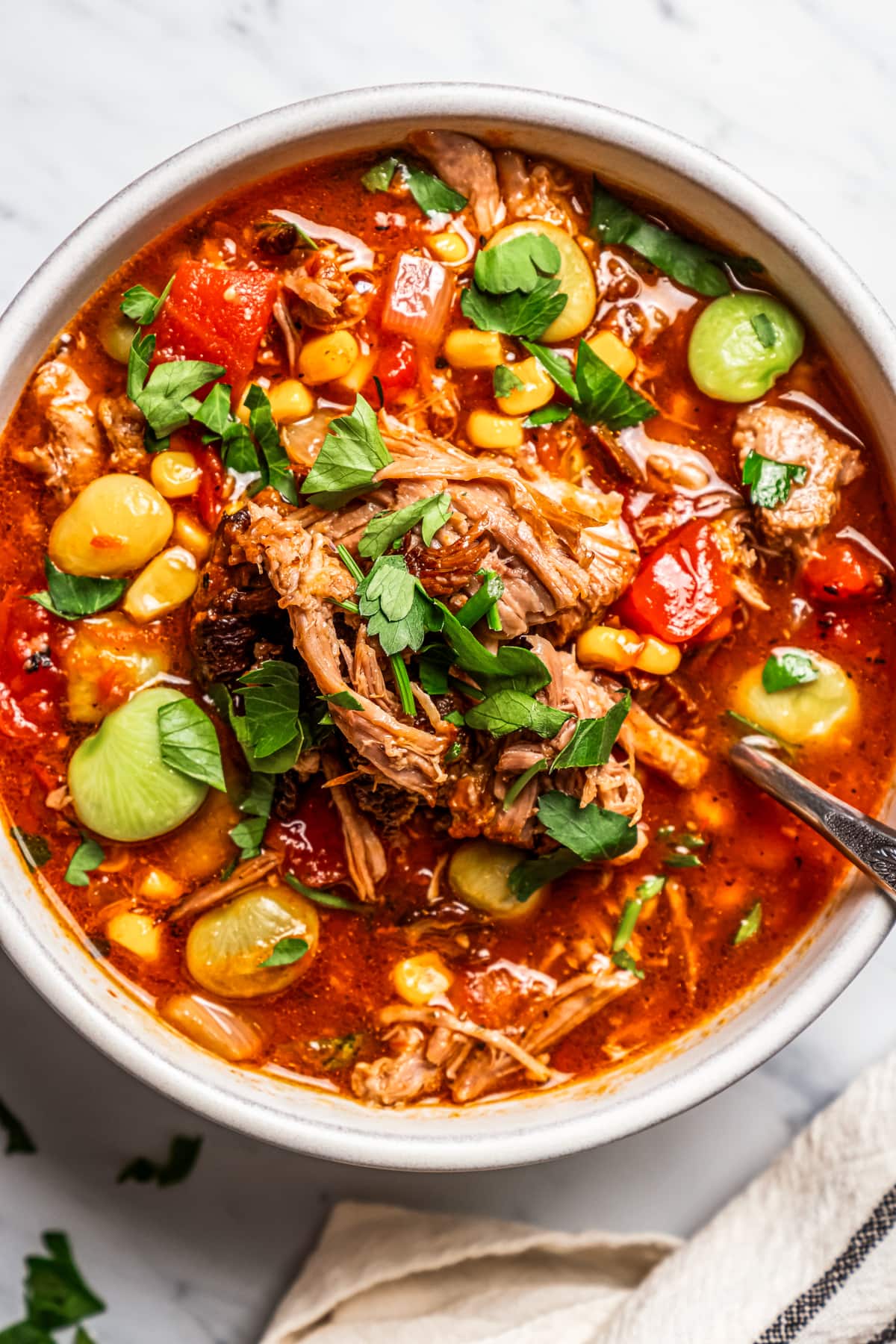 Photo of Brunswick stew served in a bowl with a spoon.