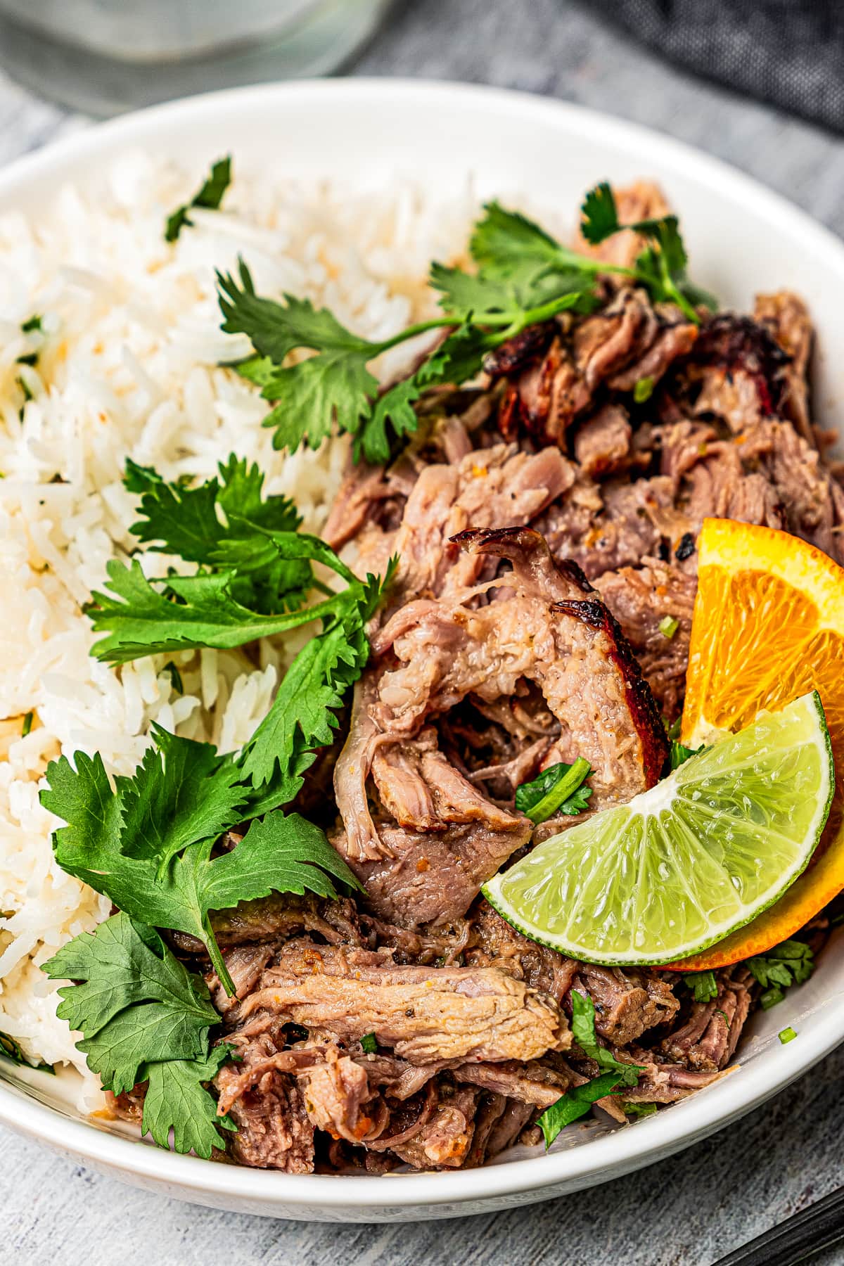 A dinner plate full of rice and shredded pork garnished with cilantro and citrus slices.