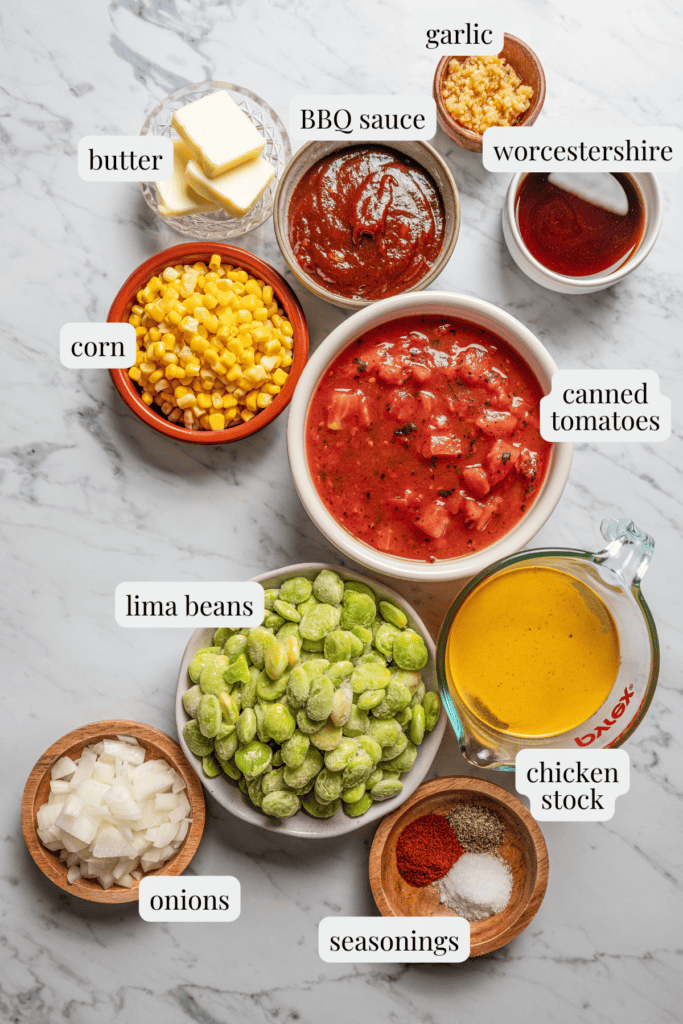 A photo of all the ingredients for Brunswick Stew.