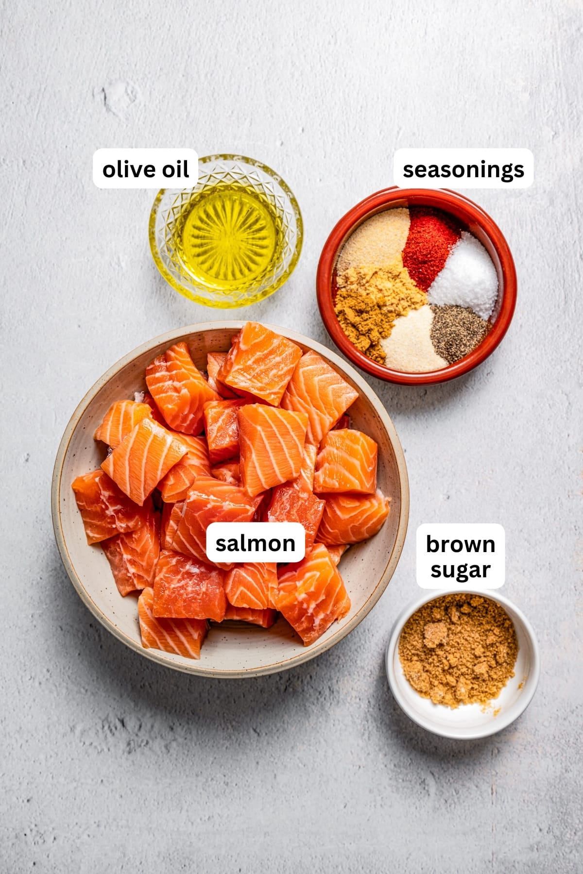 Overhead image of the ingredients used to make air fryer salmon bites.