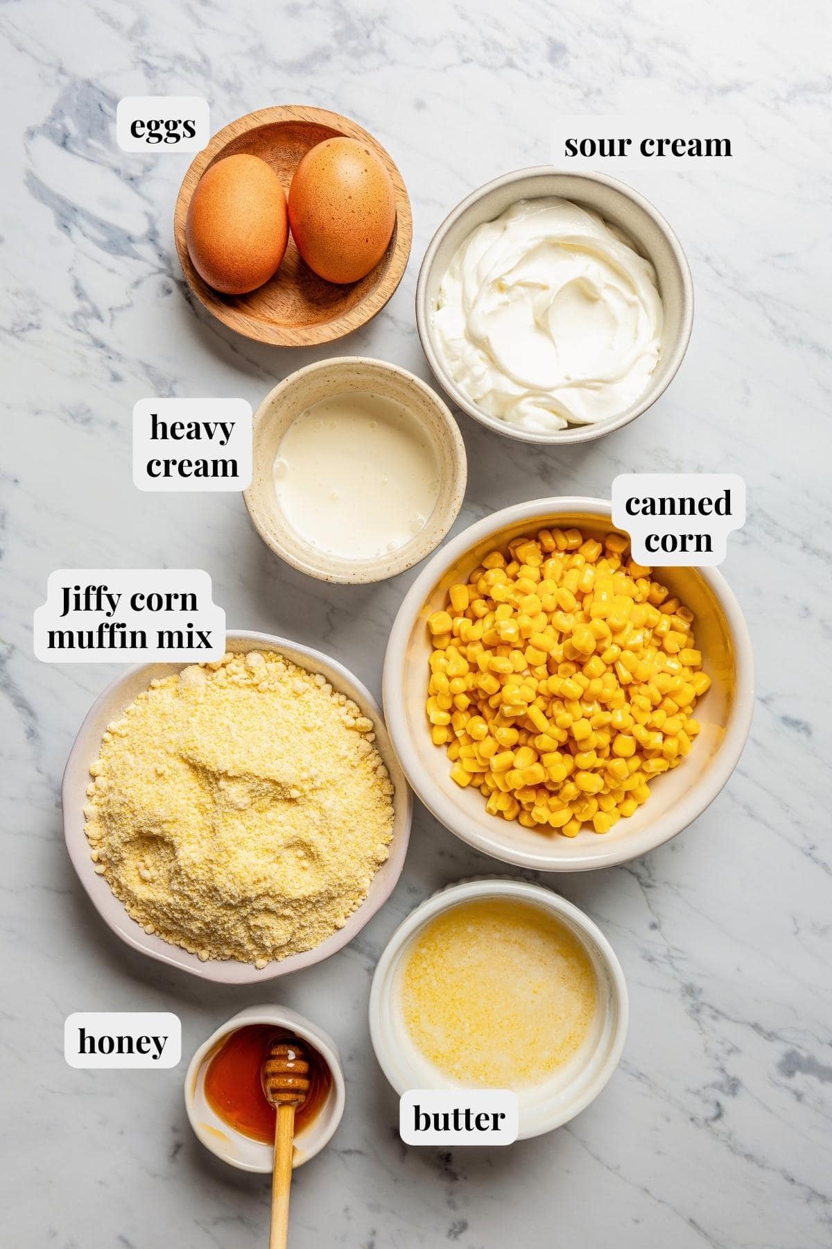 Photo of all the ingredients for cornbread casserole.
