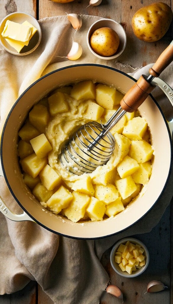 An overhead shot of a cream-colored Dutch oven with cubed potatoes being mashed, and specks of butter and garlic throughout, set on a wooden table. 
