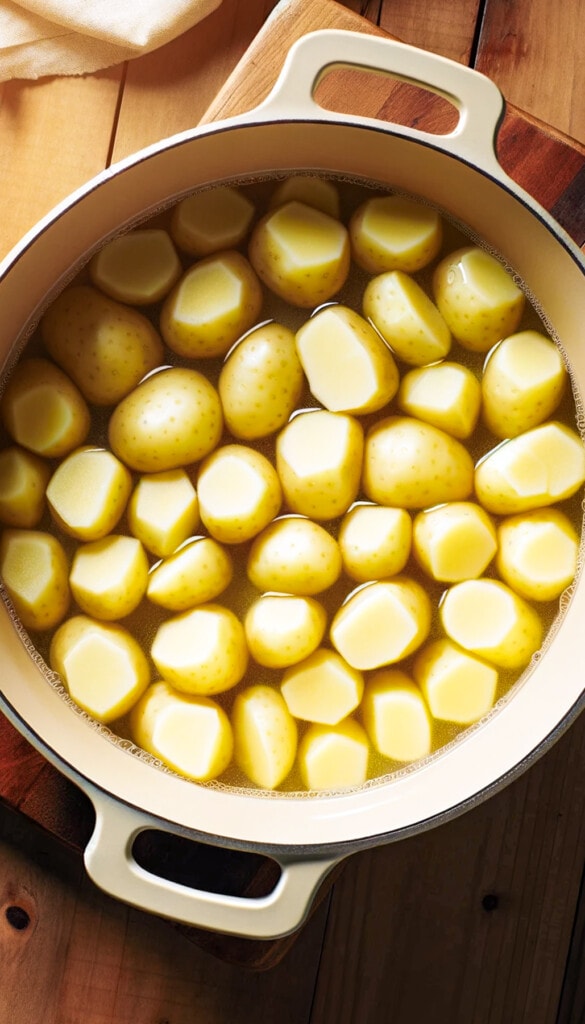 Overhead shot of the cream-colored Dutch oven with peeled, cubed potatoes in water, on a wooden table.