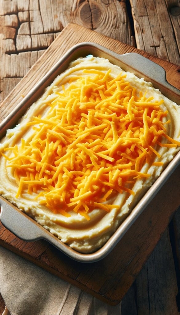 A baking dish filled with creamy mashed potatoes, topped with shredded cheddar cheese evenly sprinkled over the entire surface.