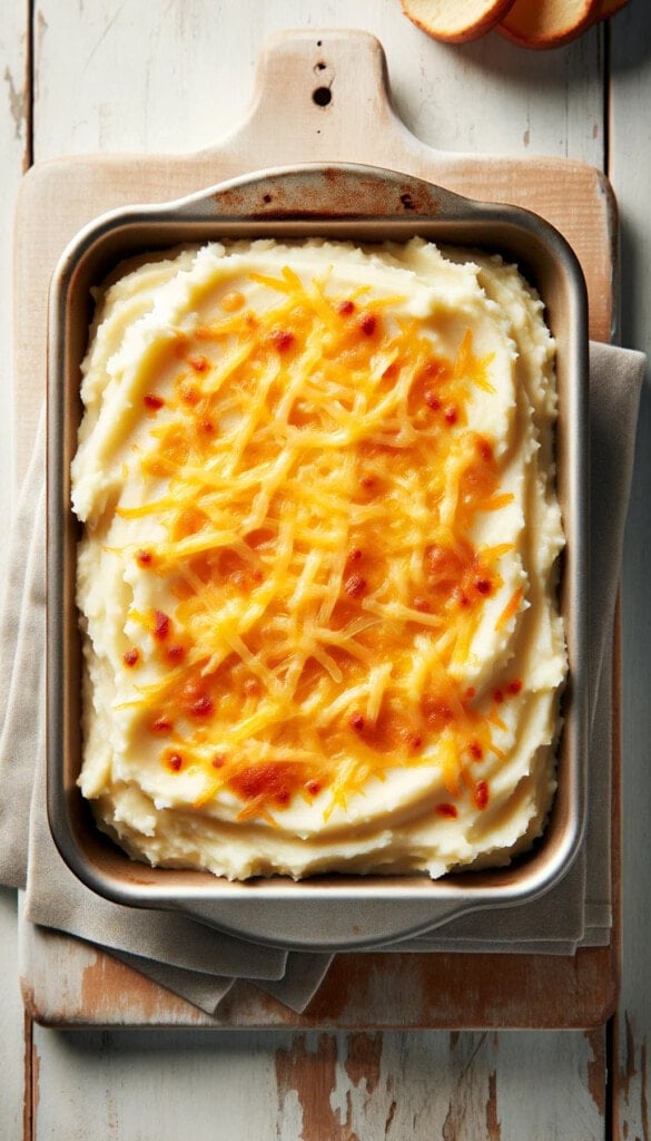 A baking dish filled with creamy mashed potatoes, topped with shredded cheddar cheese evenly sprinkled over the entire surface.