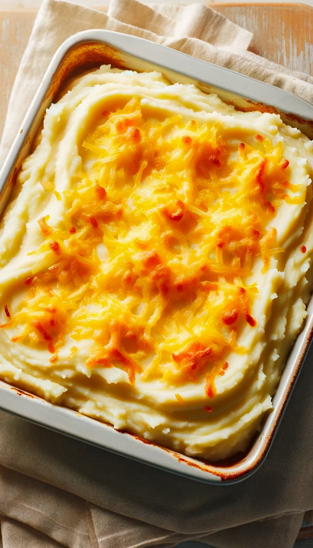 Baking dish filled with creamy mashed potatoes drizzled with butter and topped with melted cheddar cheese.