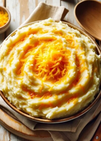 A big serving bowl filled with fluffy mashed potatoes, topped with melted cheese, and placed on a light, worn-out wooden surface.