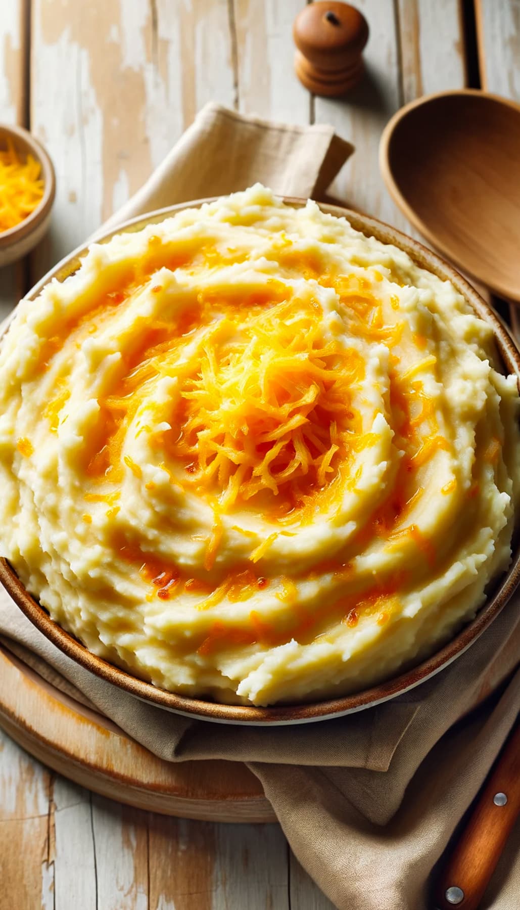 A big serving bowl filled with fluffy mashed potatoes, topped with melted cheese, and placed on a light, worn-out wooden surface.