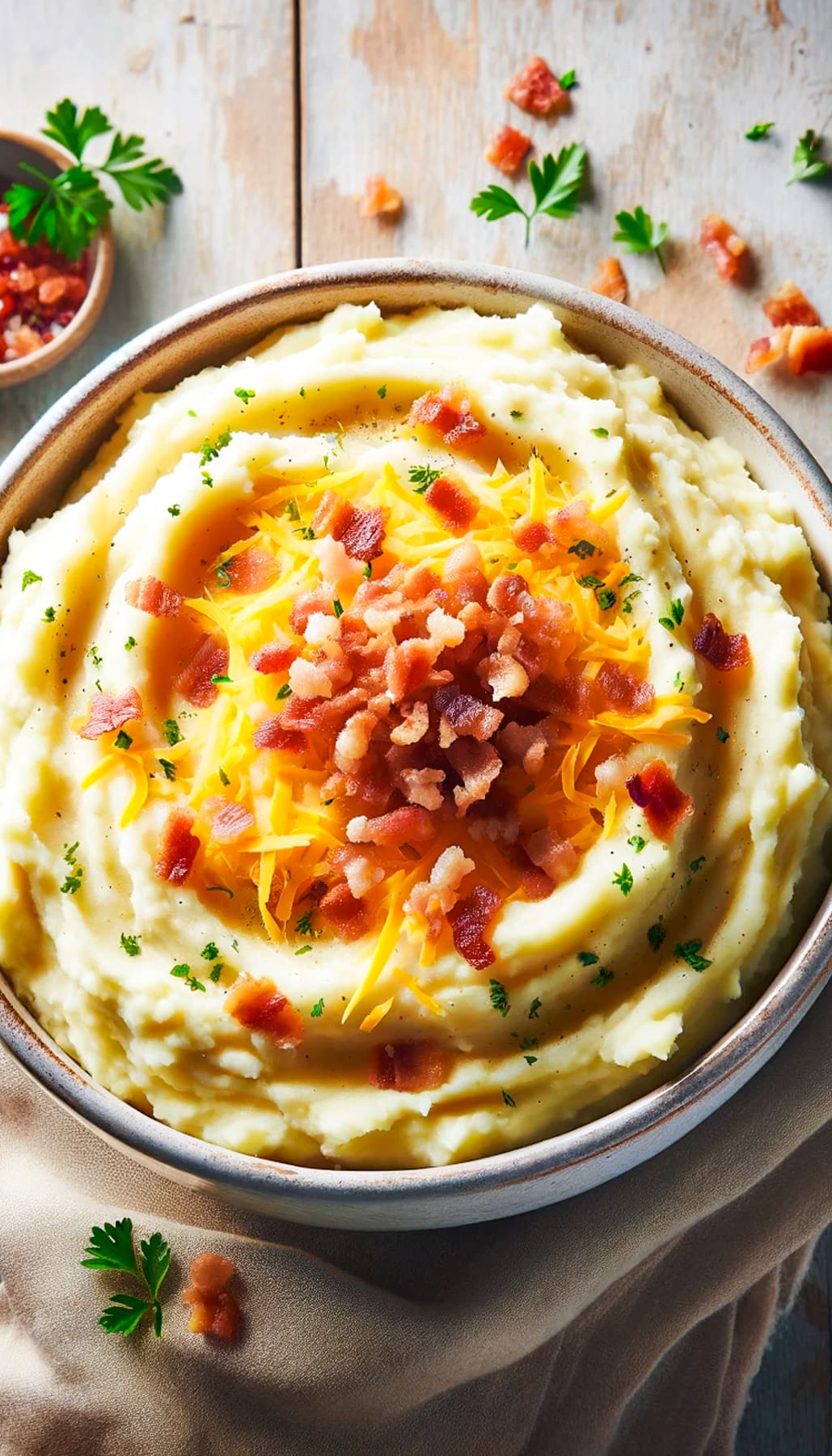 A serving bowl filled with fluffy mashed potatoes, now topped with melted cheese, diced bacon, and chopped parsley.