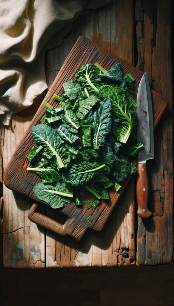 Chopping greens on a wooden board with a knife set next to the leaves.