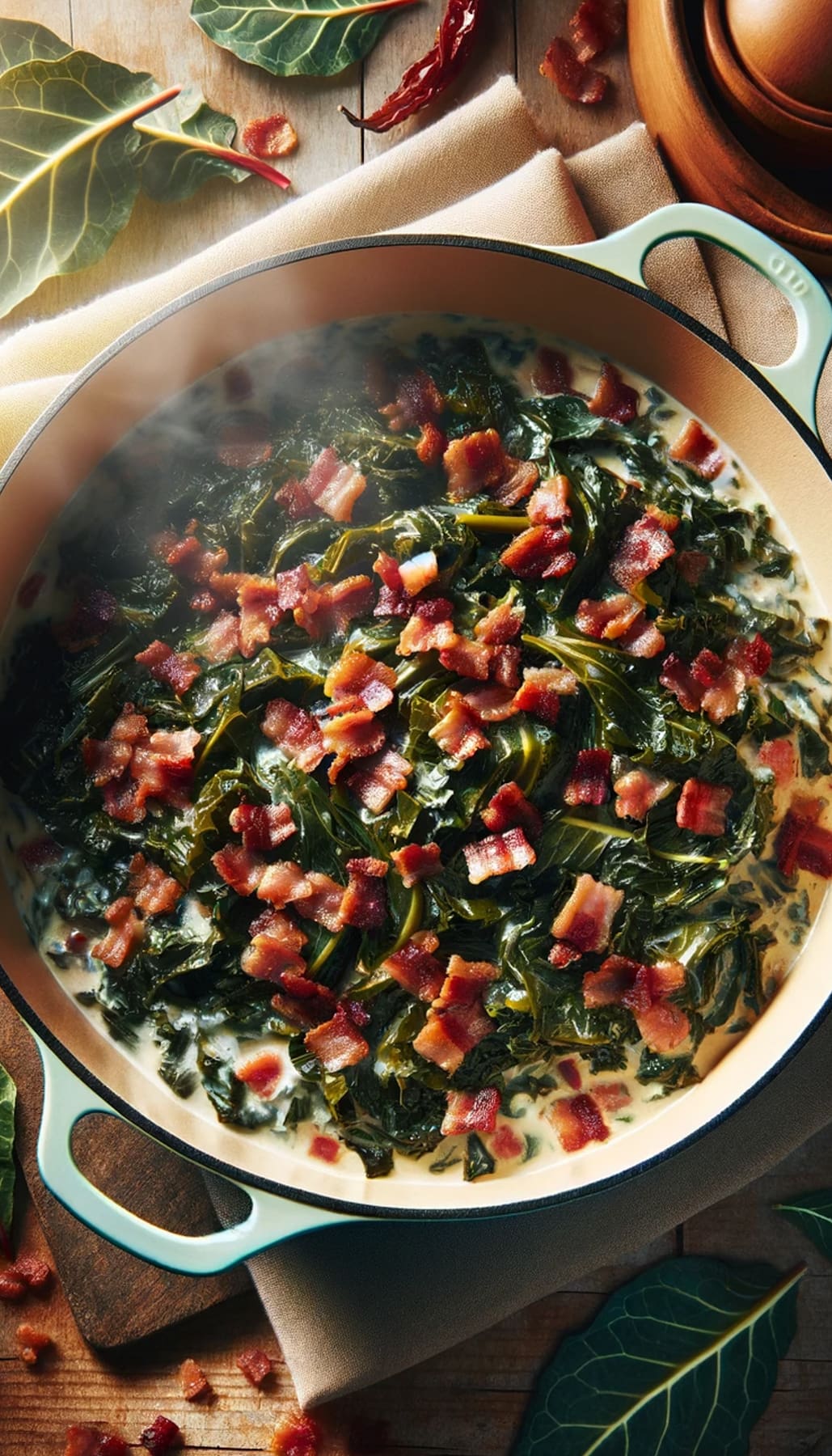 Collard Greens in a Dutch oven topped with bacon, with steam coming from the pot.