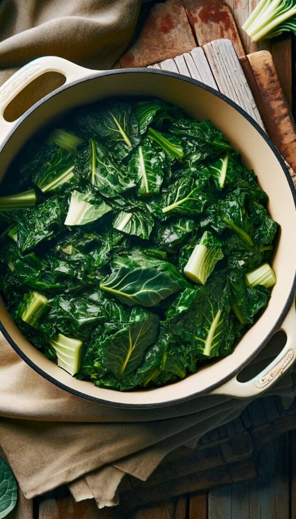 Overhead image of chopped greens cooking in a Dutch oven.