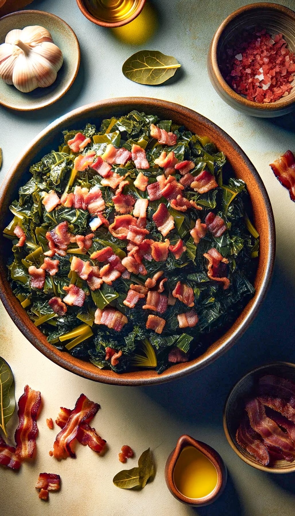 Collard greens served in a large serving bowl, topped with diced bacon, and little plates of ingredients are arranged around the bowl.