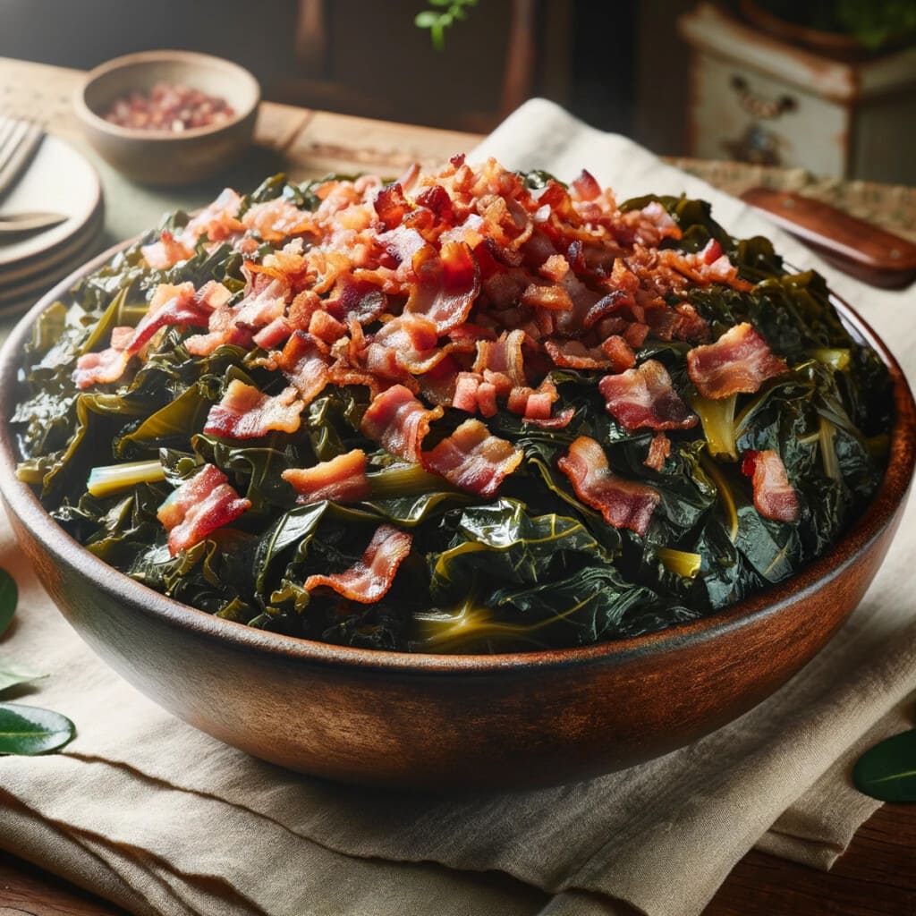 A large serving bowl filled with collard greens and topped with diced bacon. 