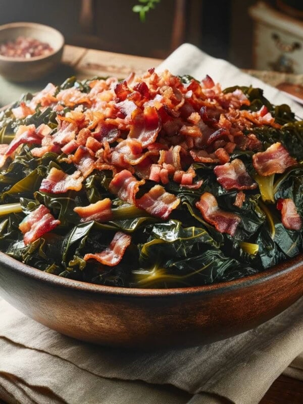 Garlic Butter Collard Greens served in a large serving bowl and topped with a garnish of diced cooked bacon.