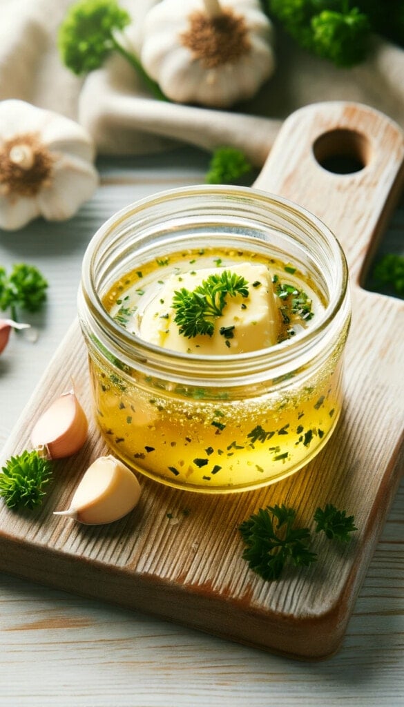 Garlic Butter Sauce stored in a jar.